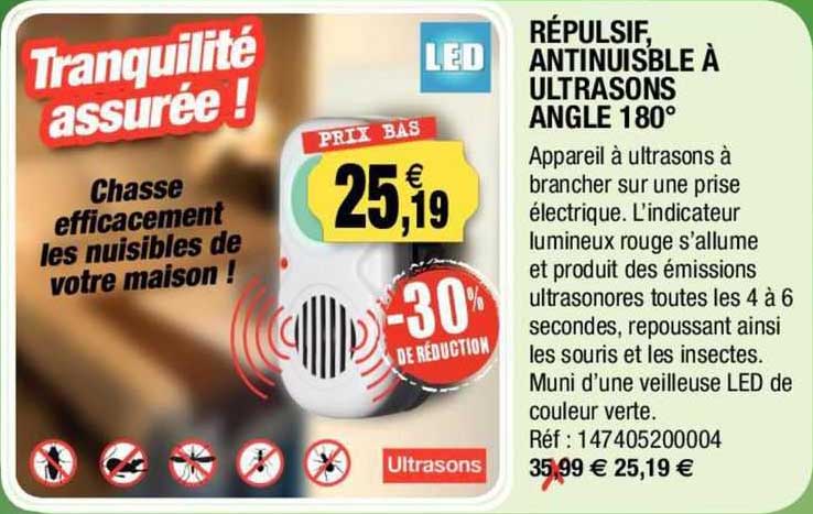 répulsif, anti nuisible à ultrasons angle 180°