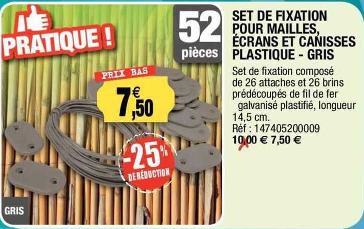 set de fixation pour mailles, écrans et canisses plastique - gris