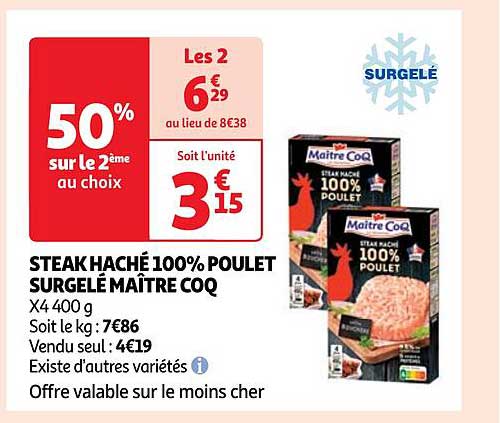 steak haché 100% poulet surgelé maître coq