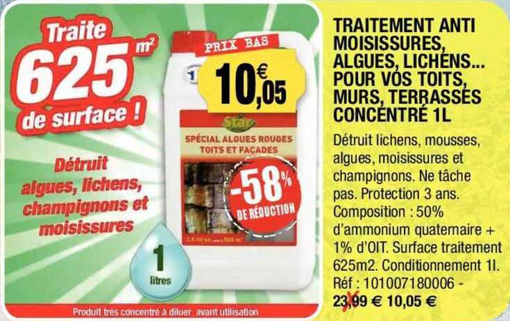 traitement anti moisissures, algues, lichens... pour vos toits, murs terrasses concentré 1 l