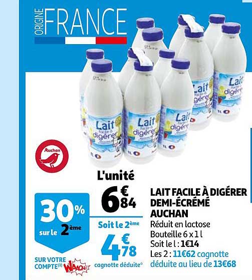 lait facile à digérer demi-écrémé auchan