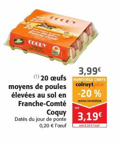 20 œufs moyens de poules élevées au sol en franche-comté coquy