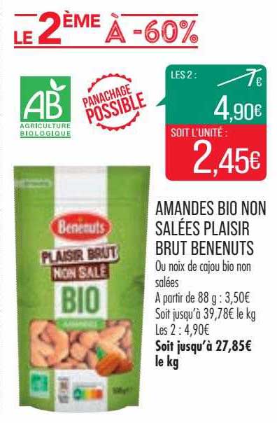 amandes bio non salées plaisir brut bénénuts