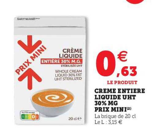 crème entière liquide uht 30% mg prix mini