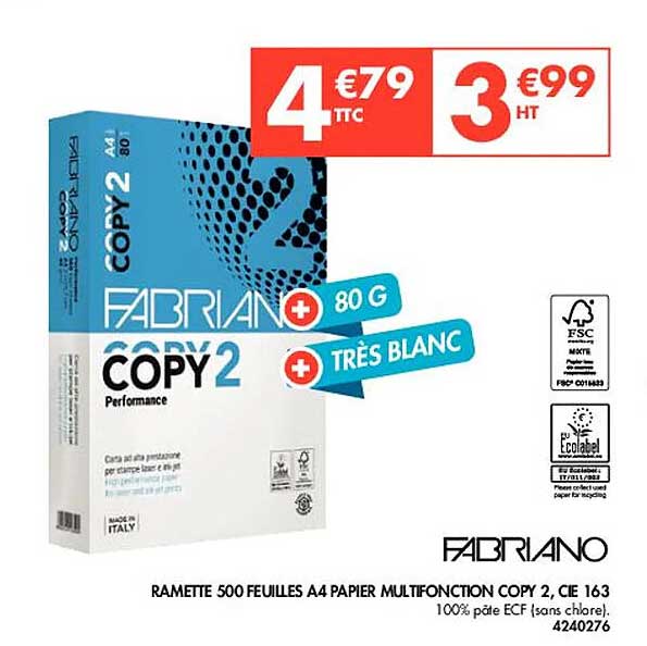 ramette 500 feuilles a4 papier multifonction copy 2, cie 163 fabriano