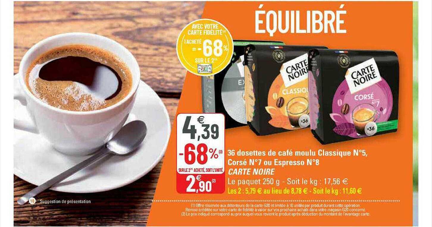 36 dosettes de café moulu classique n°5n corsé n°7 au espresso n°8 carte noire