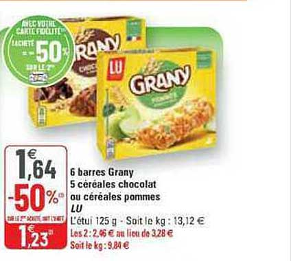 6 barres grany 5 céréales chocolat ou céréales pommes lu