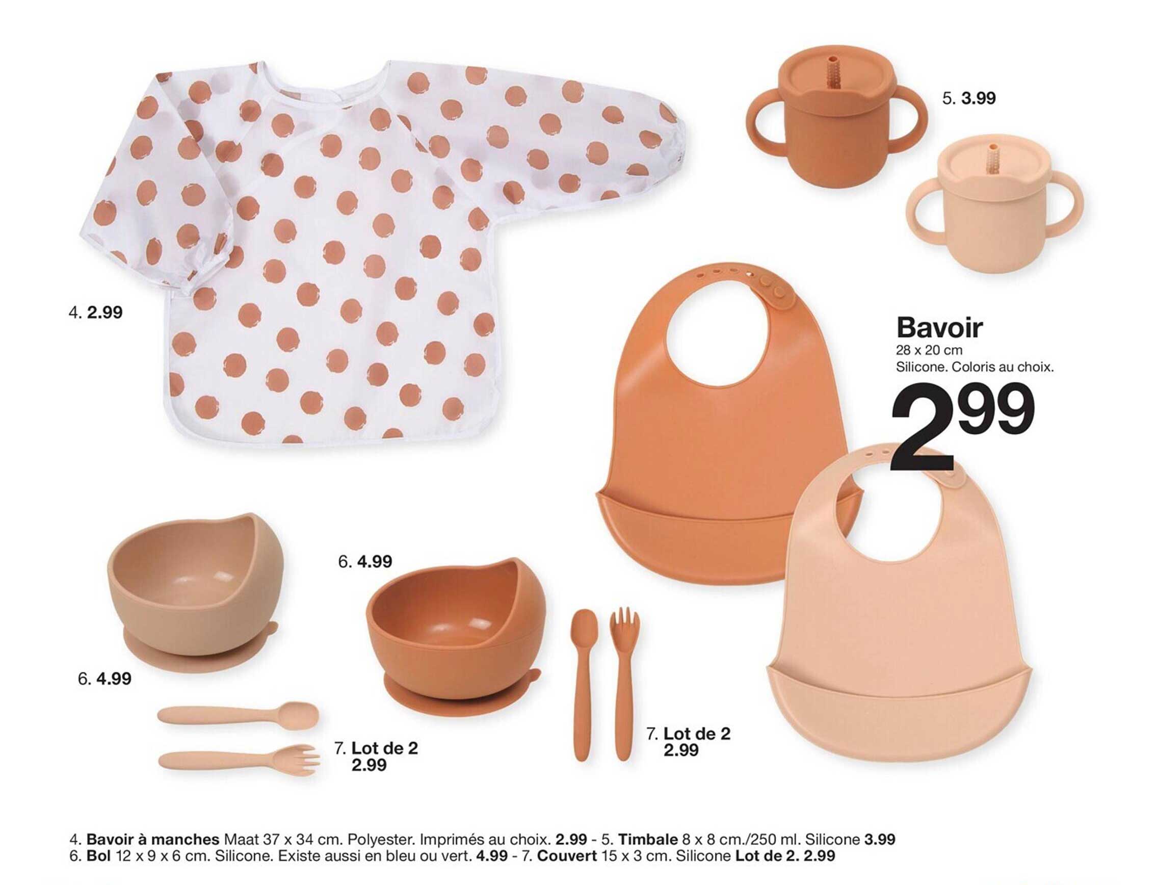 bavoir à manches, timbale, bol, couvert