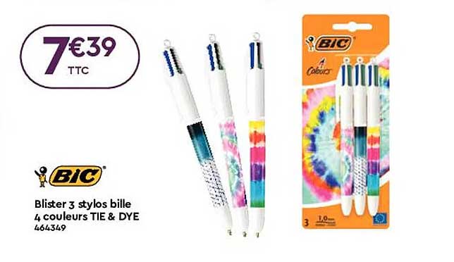 blister 3 stylos bille 4 couleurs tie & dye bic