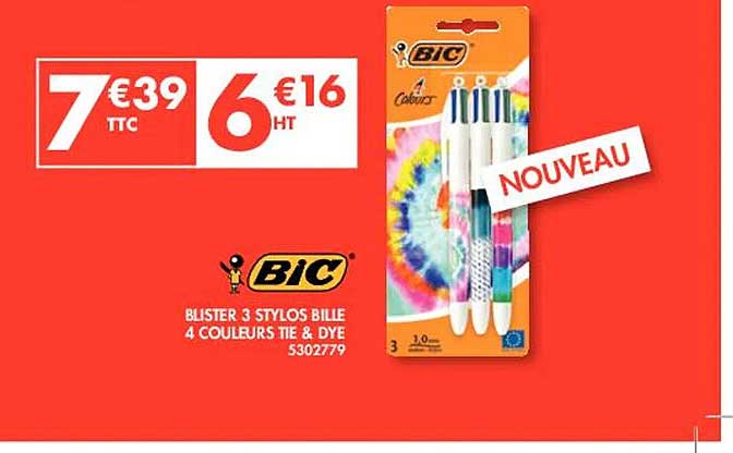 blister 3 stylos bille 4 couleurs tie & dye bic