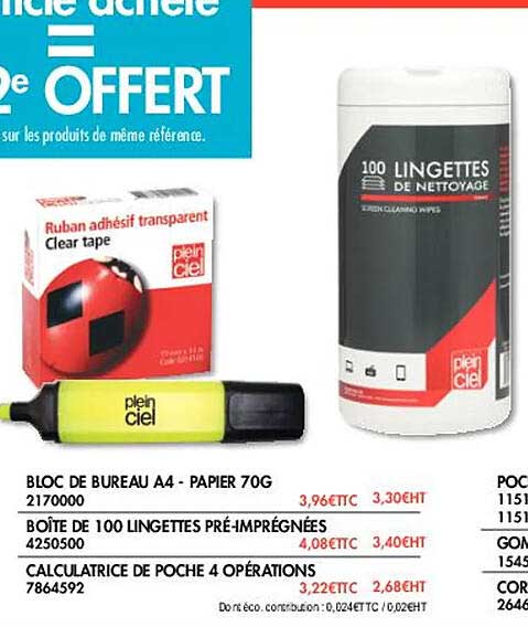 bloc de bureau a4 - papier 70 g, boîte de 100 lingettes pré-imprégnées, calculatrice de poche 4 opérations
