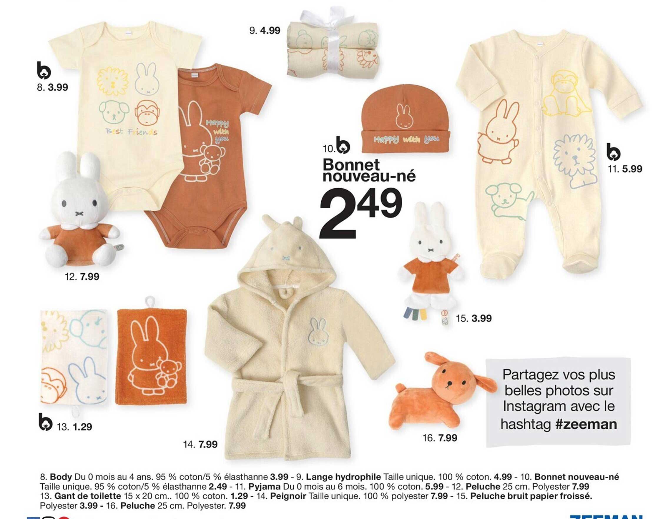 body, lange hydrophile, bonnet nouveau-né, pyjama, peluche, gant de toilette, peignoir, peluche bruit papier froissé, peluche