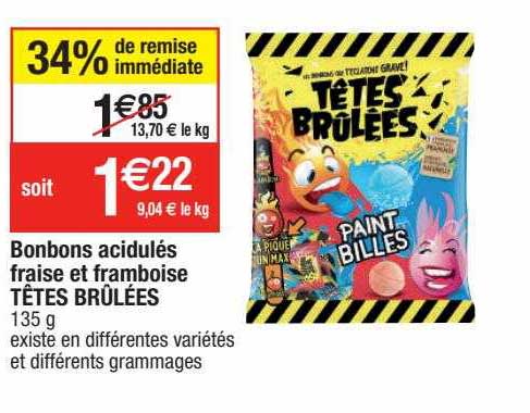 bonbons acidulés fraise et framboise têtes brûlées