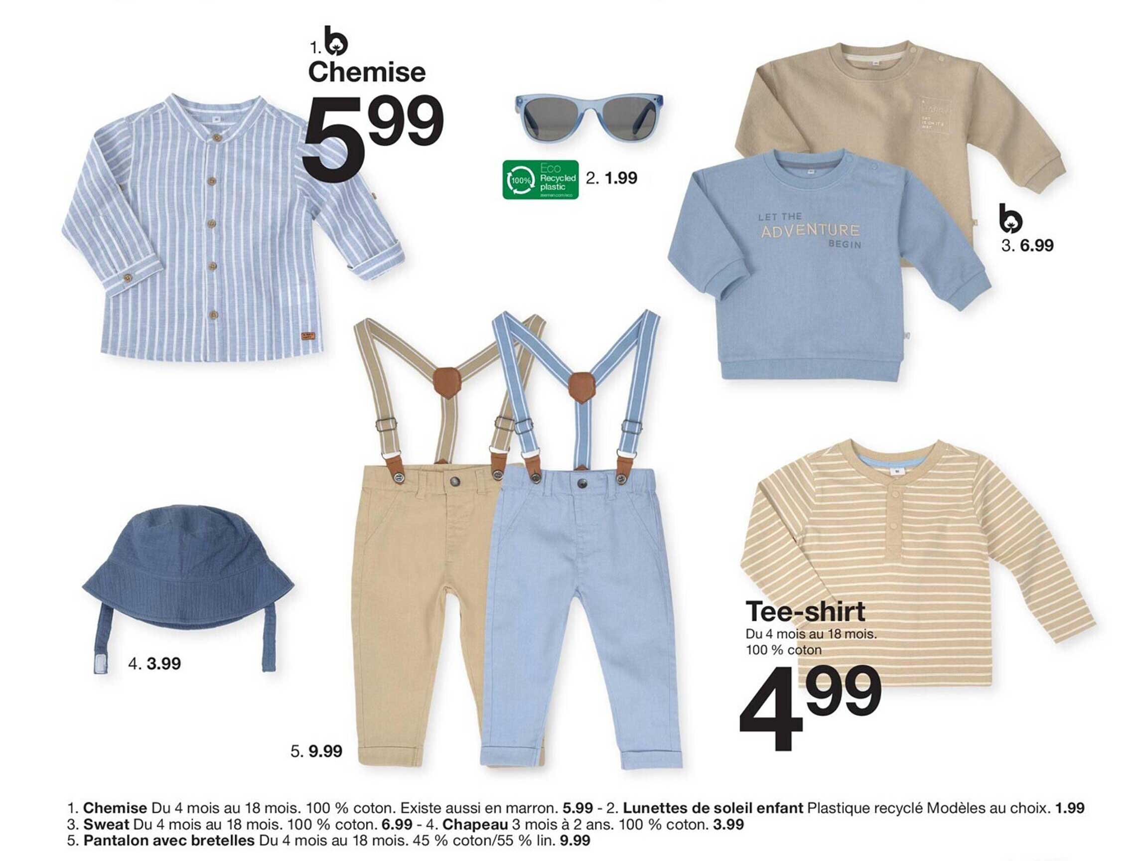 chemise, tee-shirt, lunettes de soleil enfant, sweat, chapeau, pantalon avec bretelles