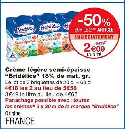 crème légère semi-épaisse "bridélice" 18% de mat.gr.