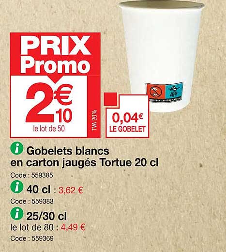 gobelets blancs en carton jaugés tortue 20 cl 40 cl 25 30 cl