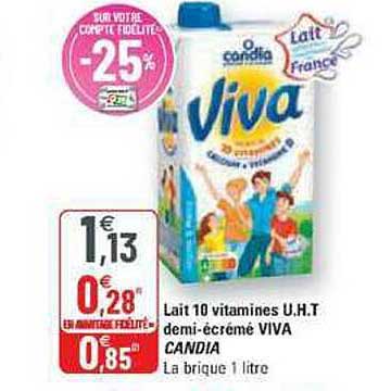 lait 10 vitamines u.h.t. demi-écrémé viva candia