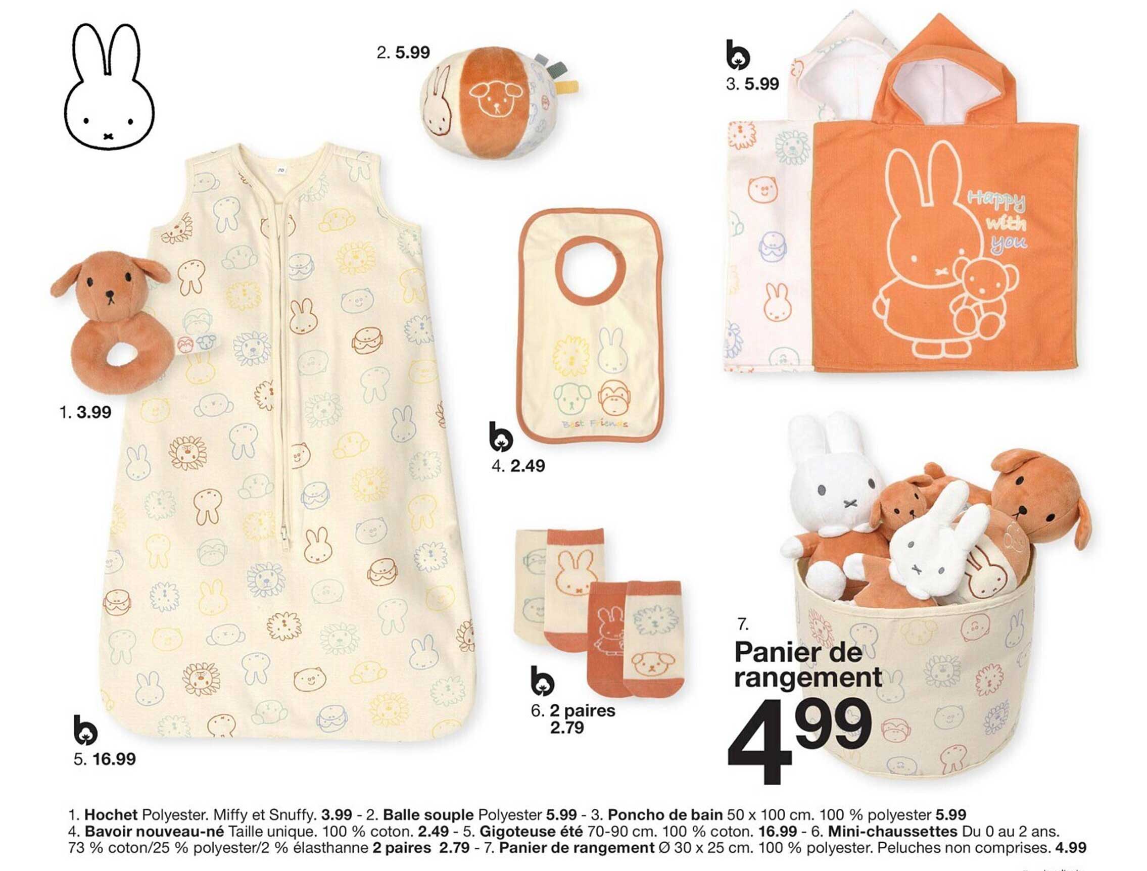 panier de rangement hochet, balle souple, poncho de bain, bavoir nouveau-né, gigoteuse été, mini-chaussettes, panier de rangement