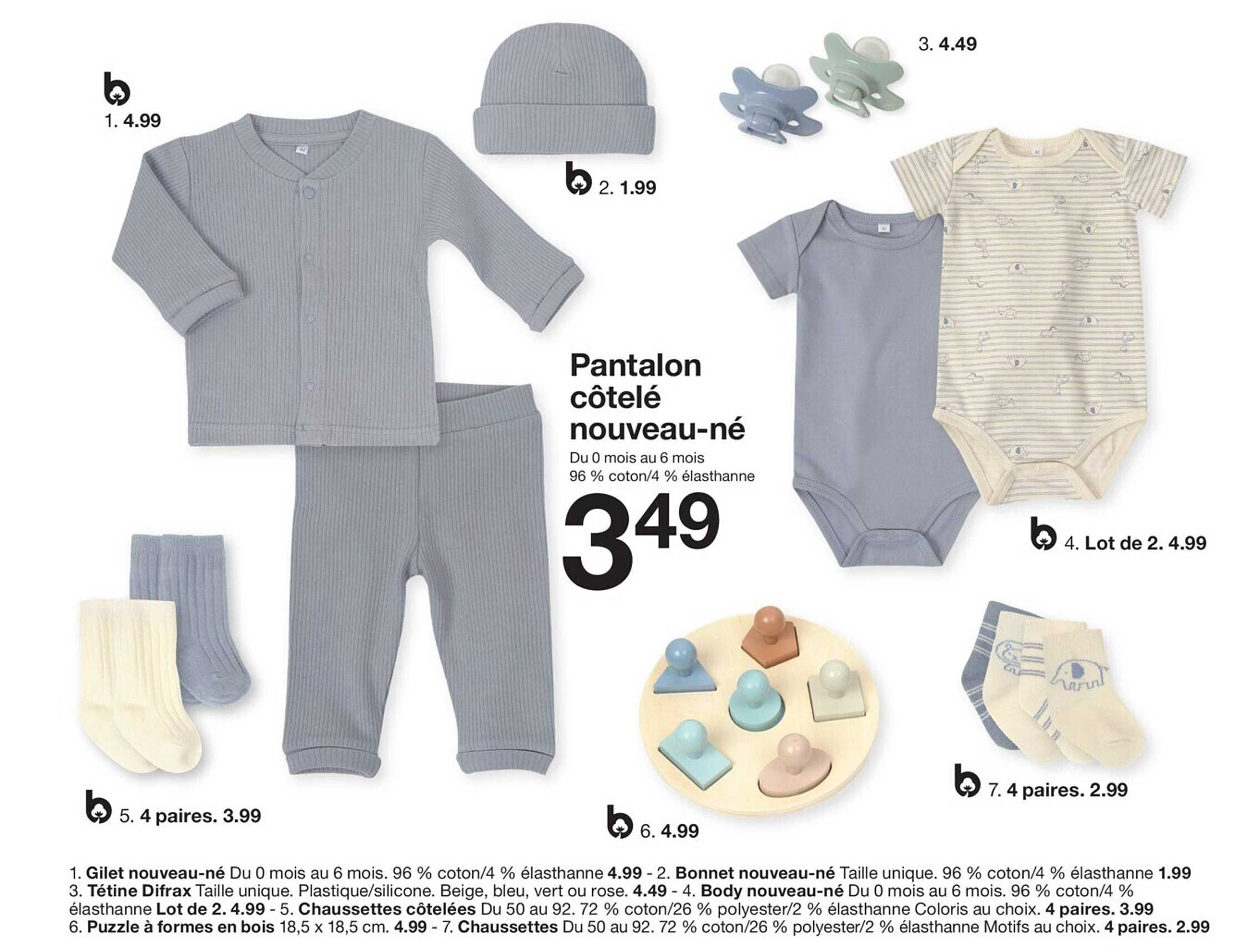 pantalon côtelé nouveau-né, gilet nouveau-né, bonnet nouveau-né, tétine difrax, body nouveau-né, chaussettes côtelées, puzzle à formes en bois, chaussettes