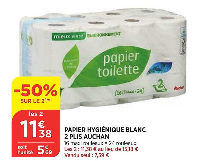 papier hygiénique blanc 2 plis auchan