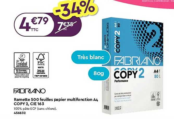 ramette 500 feuilles papier multifonction a4 copy 2, cie 163 fabriano