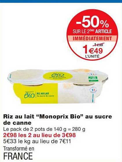 Riz Au Lait "monoprix Bio" Au Sucre De Canne