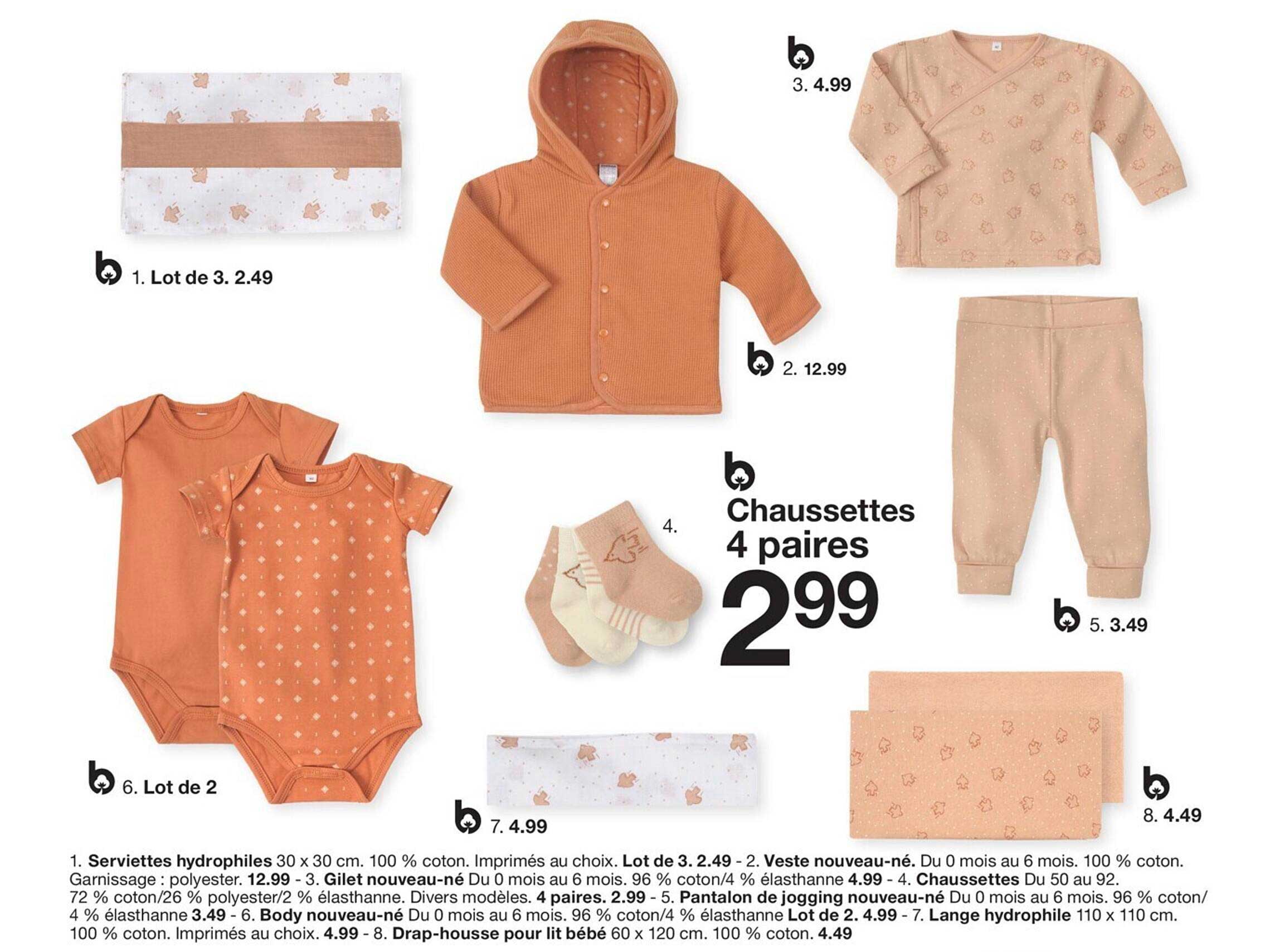 serviettes hydrophiles, veste nouveau-né, gilet nouveau-né, chaussettes, pantalon jogging nouveau-né, body nouveau-né, lange hydrophile, drap-housse pour lit bébé