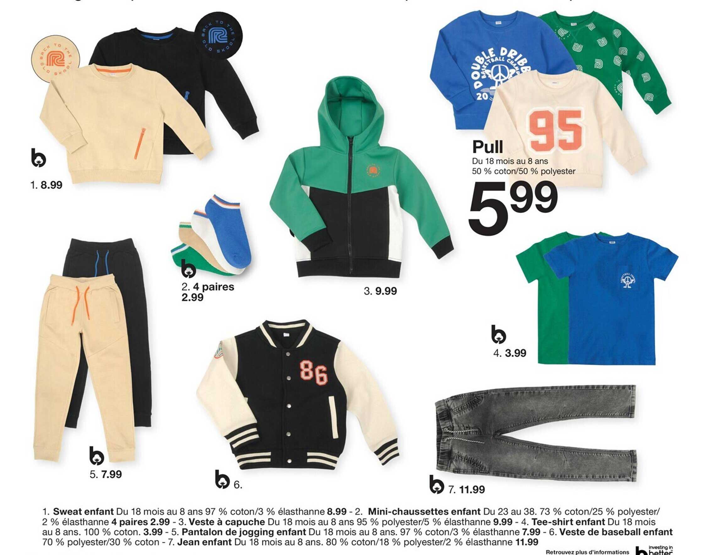 sweat enfant, mini-chaussettes enfant, veste à capuche, tee-shirt enfant, pantalon de jogging enfant, veste de baseball enfant, jean enfant