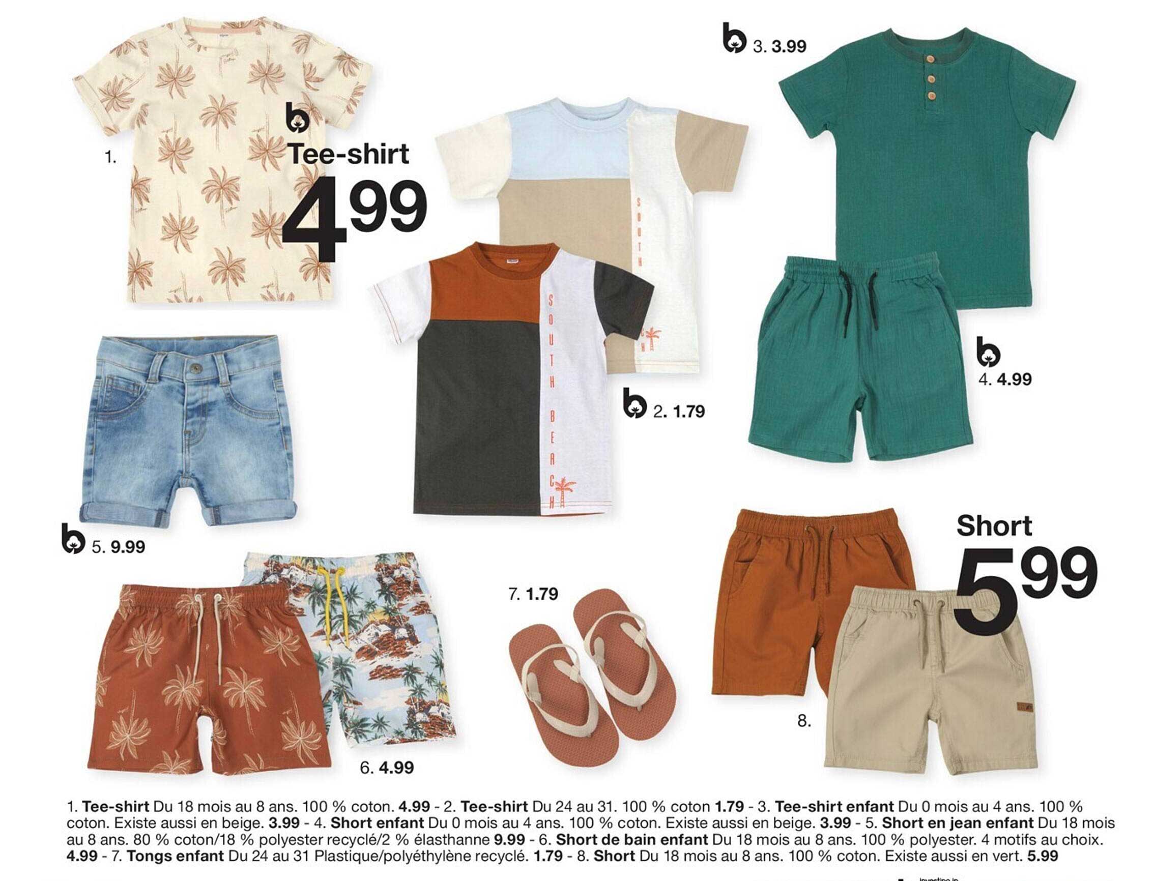 tee-shirt, tee-shirt, tee-shirt enfant, short enfant, short en jean enfant, short en bain enfant, tongs enfant, short