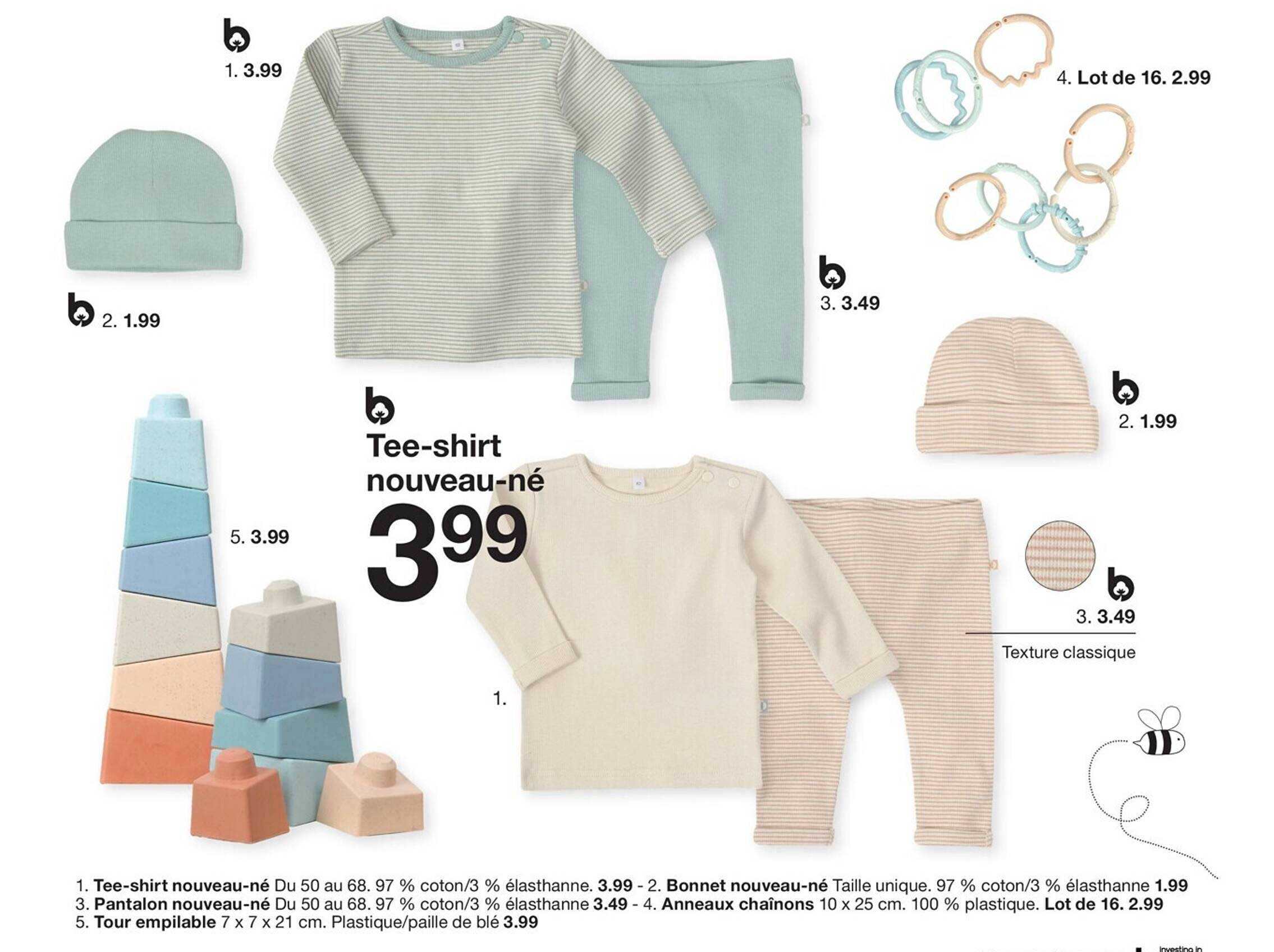 tee-shirt nouveau-né, bonnet nouveau-né, pantalon nouveau-né, anneaux chainons, tour empilable