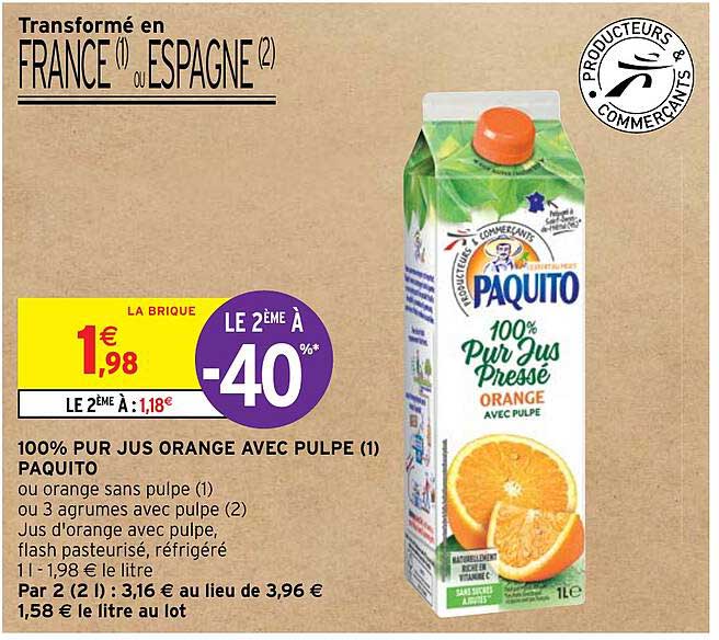 100% Pur Jus Orange Avec Pulpe Paquito