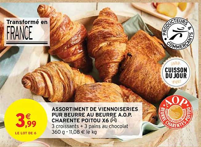 assortiment de viennoiseries pur beurre au beurre a.o.p. charente poitou x6