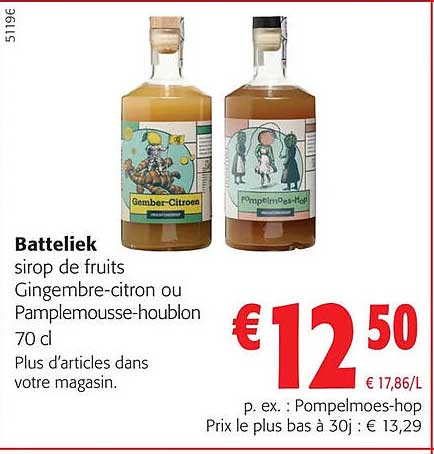 Batteliek Sirop De Fruits Gingembre-citron Ou Pamplemousse-houblon