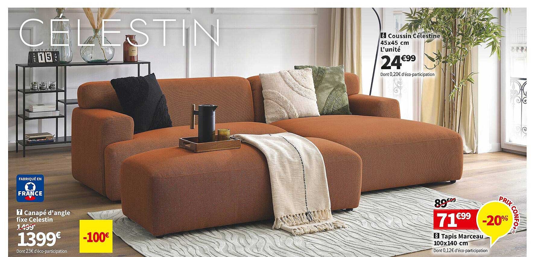 canapé d'angle fixe célestin, coussin célestine 45 x 45 cm, tapis marceau 100 x 40 cm