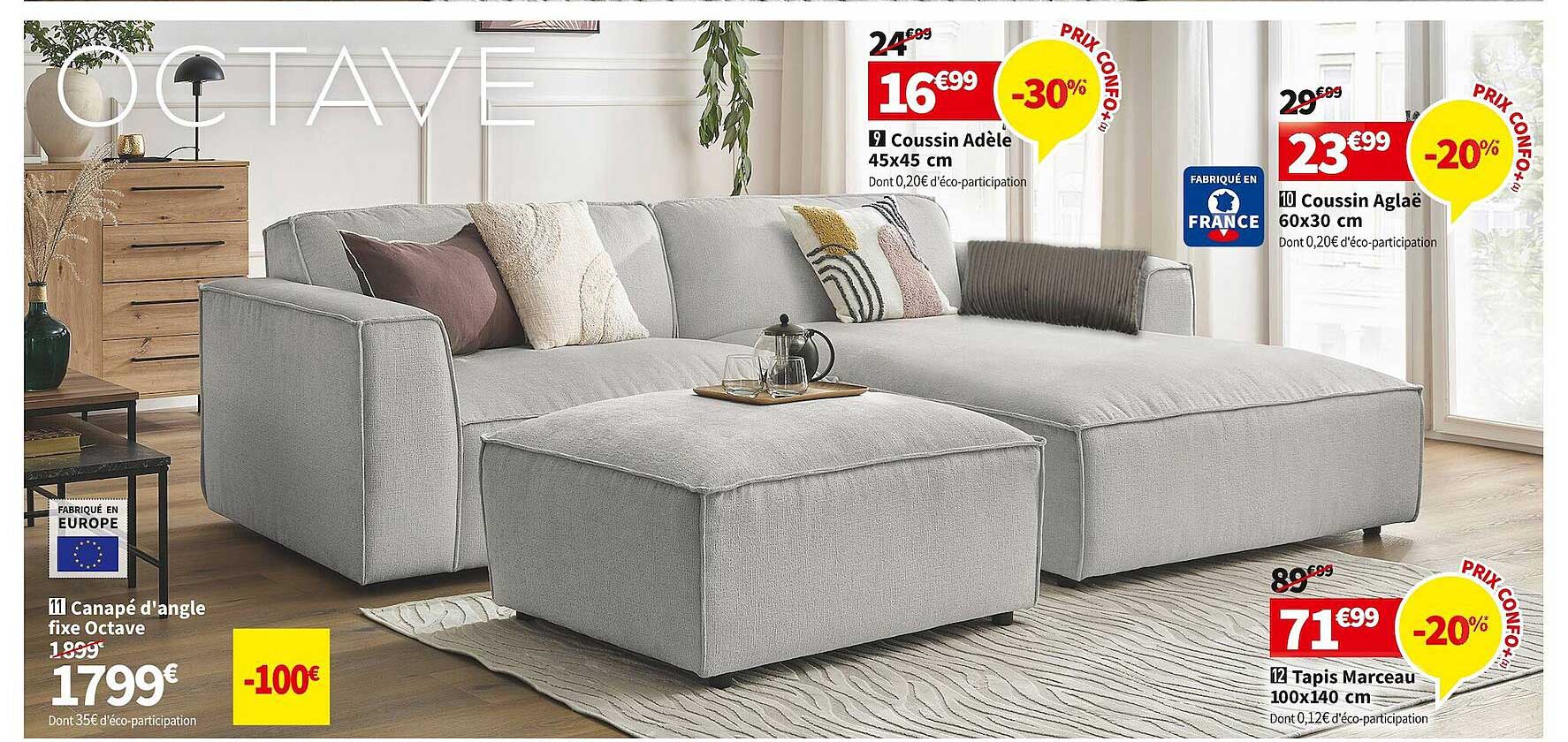 canapé d'angle fixe octave, coussin adèle 45 x 45 cm, coussin aglaë 60 x 30 cm, tapis marceau 100 x 40 cm