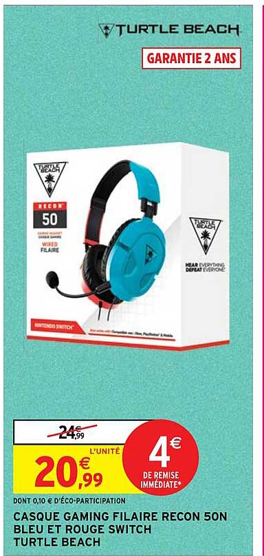 casque gaming filaire recon 50N bleu et rouge switch turtle beach