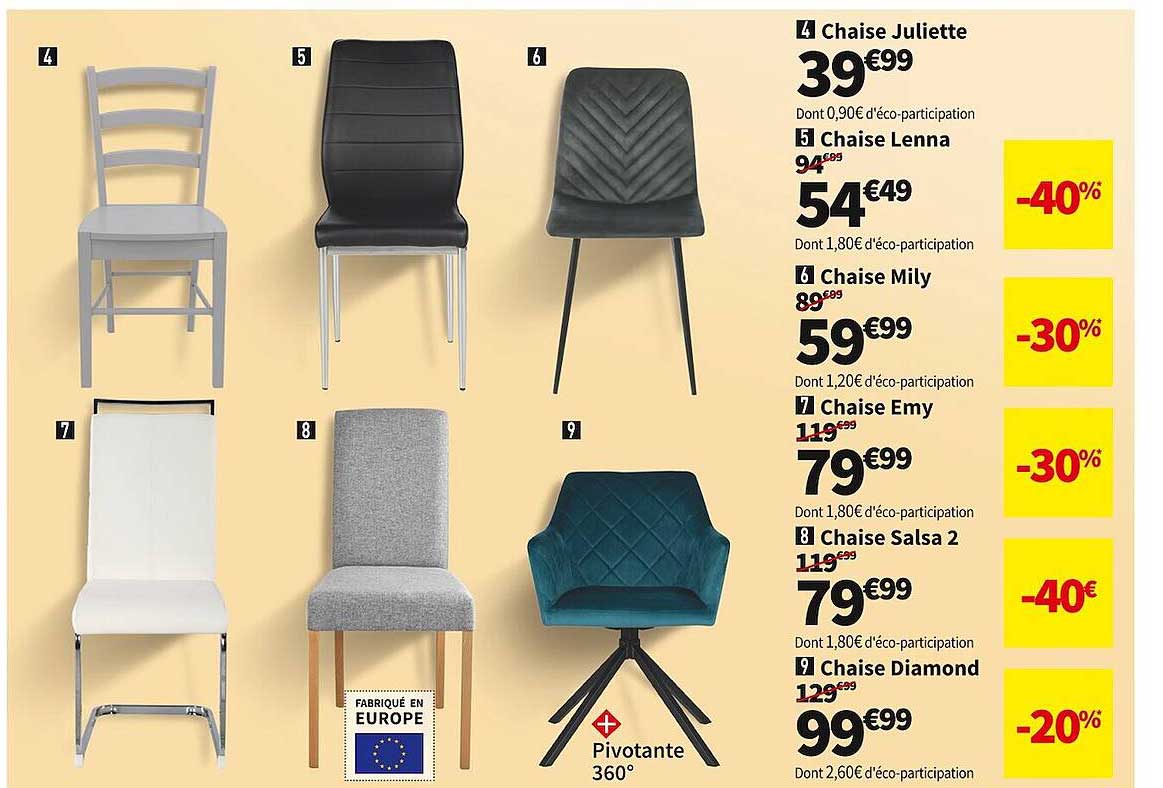 chaise juliette, chaise lenna, chaise mily, chaise emy, chaise salsa 2, chaise diamond