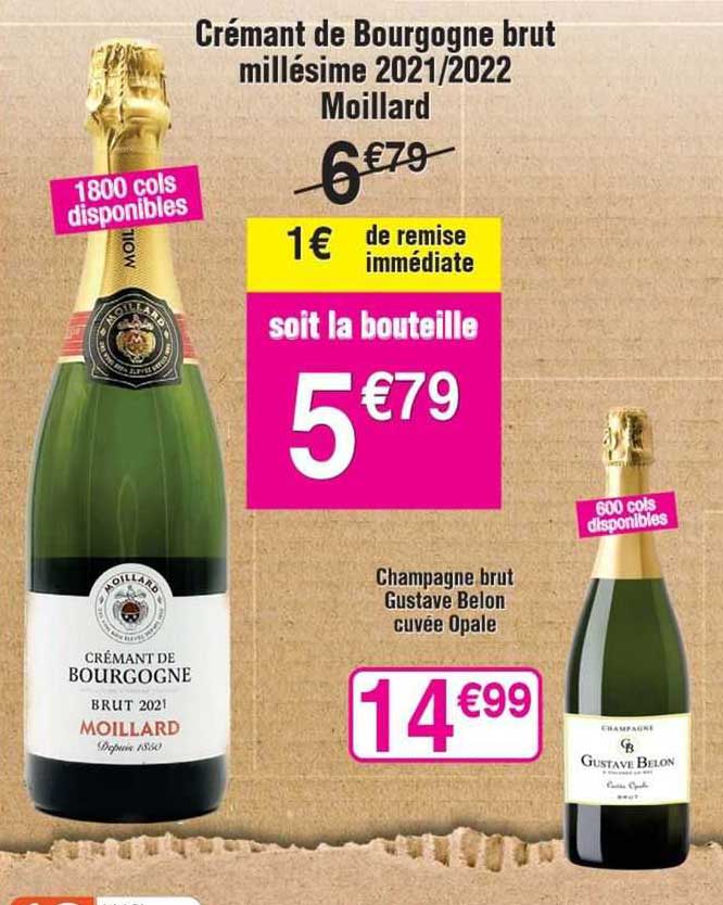 crémant de bourgogne brut millésimé 2021/2022 moillard, champagne brut gustave belon cuvée opale