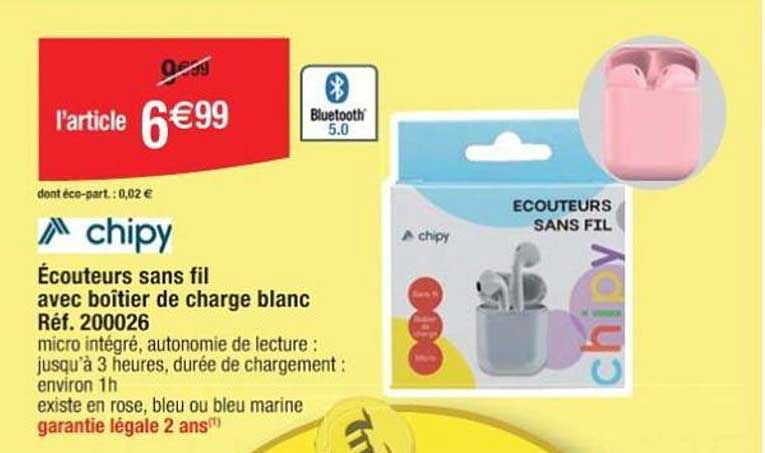 écouteurs sans fil avec boîtier de charge blanc chipy