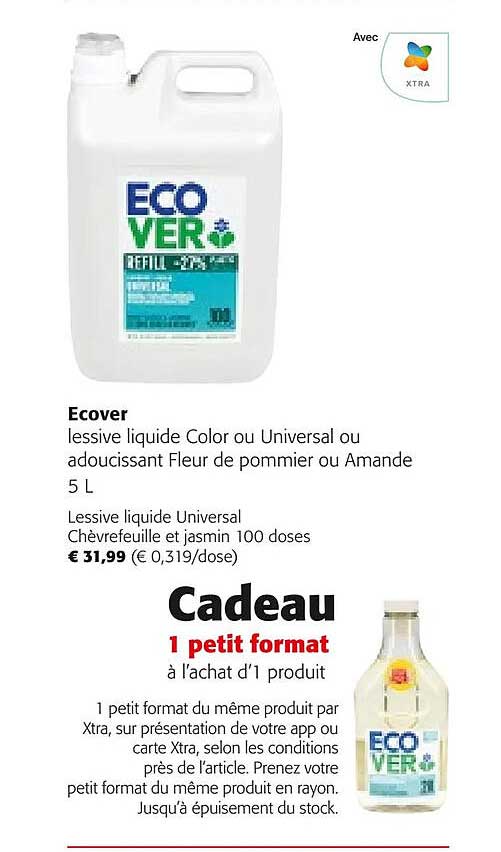 ecover lessive liquide color ou universal ou adoucissant fleur de pommier ou amande