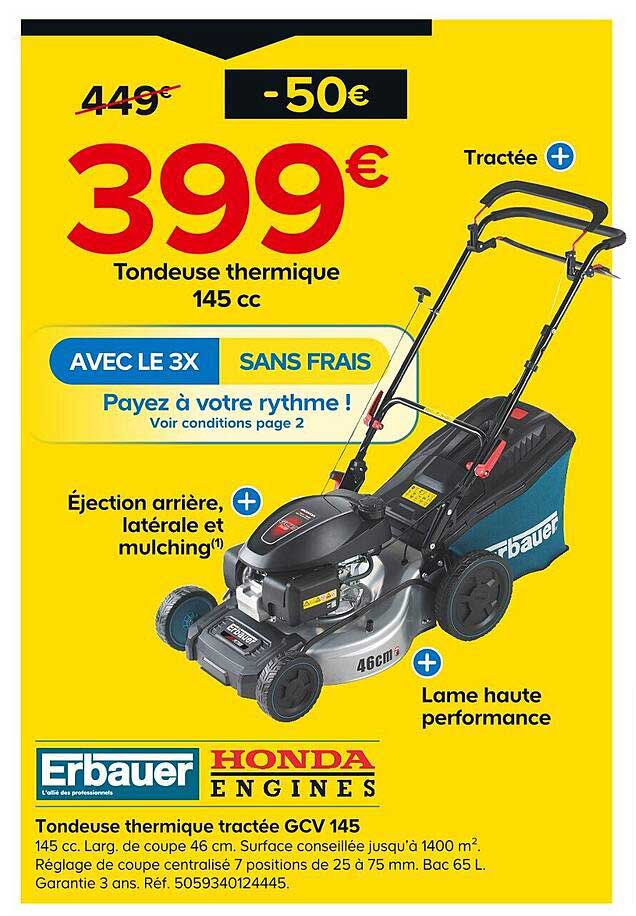erbauer honda engines tondeuse thermique tractée gcv 145