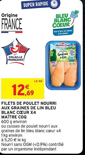 filets de poulet nourri aux graines de lin bleu blanc cœur x4 maître coq