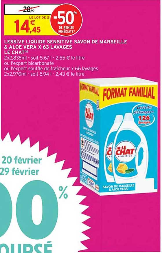 Lessive Liquide De Sensitive Savon De Marseille  & Aloe Vera X 63 Lavages Le Chat