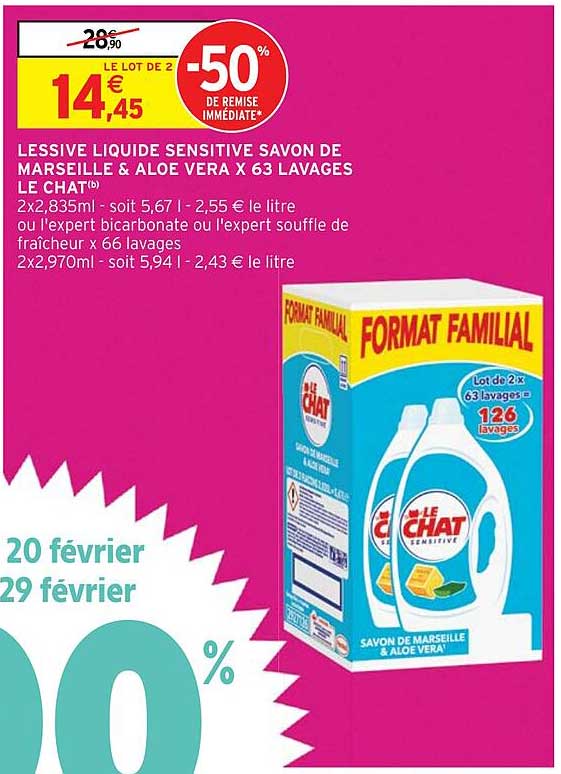 lessive liquide sensitive savon de marseille & aloe vera x 63 lavages le chat