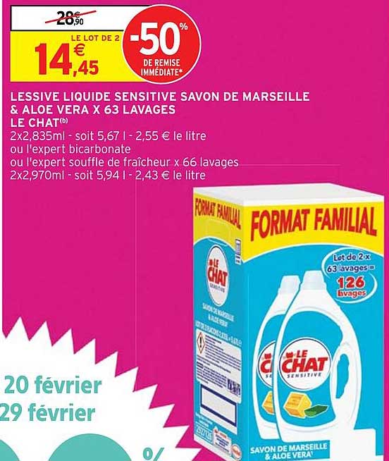 lessive liquide sensitive savon de marseille & aloe vera x 63 lavages le chat