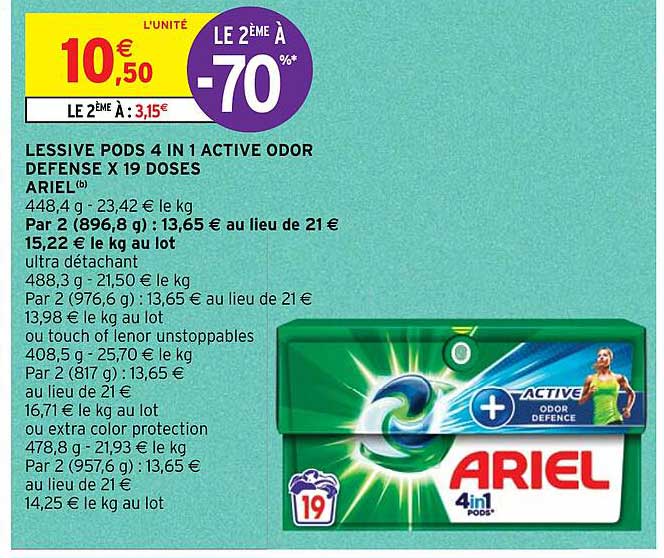 lessive pods 4 in 1 active odor defense x 19 doses ariel