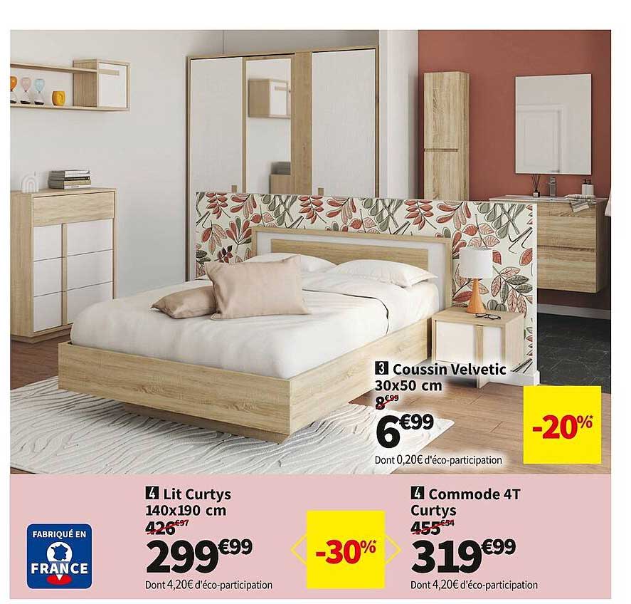 lit curtys 140 x 190 cm, commode 4t curtys, coussin velvetic 30 x 50 cm