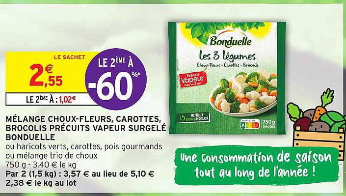 mélange choux-fleurs, carottes, brocolis précuits vapeur surgelé bonduelle