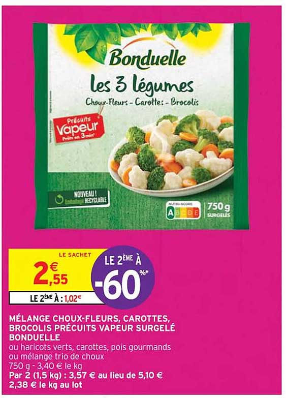mélange choux-fleurs, carottes, brocolis précuits vapeur surgelé bonduelle