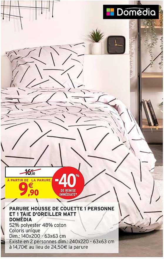 parure housse de couette 1 personne et 1 taie d'oreiller matt domédia